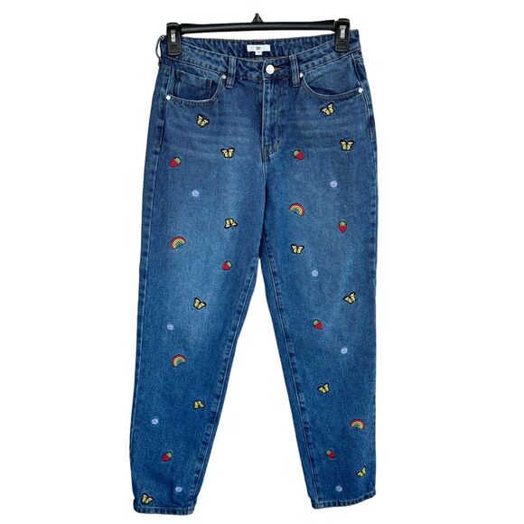 B.P. SZ 29 Mom Jeans Embroidered Zip-Fly High-Rise Medium Wash Rigid Denim Blue - Picture 1 of 10